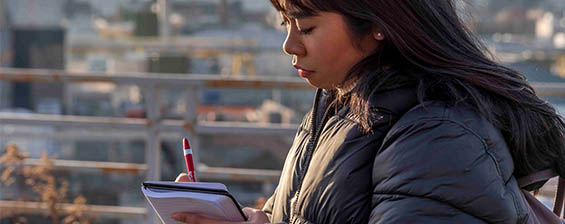 Photo of a student writing on a notebook